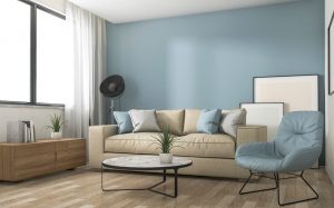 3D redering blue decoration living room with nice furniture